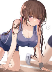  1other ? absurdres blush breasts brown_eyes brown_hair female highres large_breasts looking_at_viewer original short_twintails sportswear twintails twitter_username yukari_(rihenara_doll) 