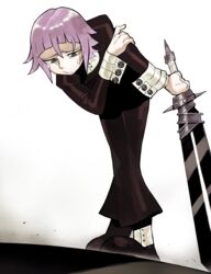  1other absurdres black_footwear crona_(soul_eater) crying hair_between_eyes highres holding holding_sword holding_weapon purple_eyes purple_hair ragnarok_(demon_sword) short_hair solo soul_eater spikes standing sword tears toot weapon wrist_cuffs 