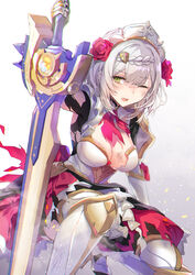  armor armored_boots armored_dress boots braid braided_bangs breasts cleavage female flower gauntlets genshin_impact greaves green_eyes hair_flower hair_ornament headpiece high_heel_boots high_heels highres kneeling large_breasts looking_at_viewer maid maid_headdress noelle_(genshin_impact) one_eye_closed open_mouth pauldrons red_flower red_rose red_skirt rose short_hair shoulder_armor skirt solo sword weapon white_hair whiteblind_(genshin_impact) yuzuki_karu 