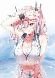  azur_lane bangs breasts bremerton_(azur_lane) bremerton_(scorching-hot_training)_(azur_lane) cleavage commentary crop_top crop_top_overhang eyebrows_visible_through_hair female grey_hair hair_between_eyes hair_ornament hairclip long_hair looking_at_viewer multicolored_hair one_eye_closed pink_hair qlakwnd shirt sleeveless sleeveless_shirt solo sportswear streaked_hair tennis_uniform twintails two-tone_shirt 