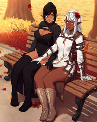  2019 2girls absurdres artist_name bench black_hair boots breasts claire_lanquairt_(andromeda) cleavage commentary commission crystal dark_skin dated elezen elf english_commentary final_fantasy final_fantasy_xiv flower gloves hair_between_eyes hair_bun hair_flower hair_ornament hairband hand_on_another&#039;s_thigh highres jewelry large_breasts leotard long_hair long_sleeves looking_at_another multiple_girls necklace outdoors pointy_ears razalor red_eyes red_flower red_rose rose second-party_source single_hair_bun sitting thigh_boots thighhighs tree warrior_of_light_(ff14) watermark white_hair yellow_eyes yuri 