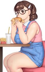  black-framed_eyewear blush breasts brown_eyes brown_hair burger commentary_request cup denim denim_skirt drill_hair drink drinking_straw eating fat feet_out_of_frame female food french_fries from_side glasses hair_ornament hairclip highres holding holding_food kurowa-san_(orizen) large_breasts medium_hair miniskirt original orizen overall_skirt simple_background sitting skirt sleeveless solo table tareme thick_arms thick_thighs thighs twin_drills white_background wing_collar 