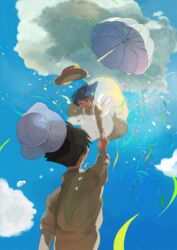  1boy apron arm_at_side backlighting bad_id bad_pixiv_id black_hair blue_hair blue_sky blurry brown_headwear brown_shirt clothes_lift cloud cloudy_sky collared_shirt commentary_request couple crying dark_blue_hair day depth_of_field dot_nose dress dress_shirt facing_away female flower flying_teardrops from_behind from_below grass half-closed_eyes hat hat_flower highres holding_another&#039;s_wrist horikoshi_jirou kaze_tachinu light_particles light_smile long_sleeves looking_at_another looking_down mani_manuka open_mouth orange_flower outdoors outstretched_arm perspective pink_flower puffy_long_sleeves puffy_sleeves purple_flower satomi_naoko shirt sky straight streaming_tears sun_hat sunlight tears umbrella vanishing_point white_apron white_flower white_headwear wind wind_lift yellow_dress yellow_flower 