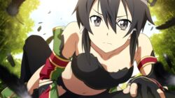  black_eyes black_hair collarbone day detached_sleeves female game_cg hair_ribbon highres looking_at_viewer navel non-web_source official_art outdoors ribbon sinon sinon_(sao:hf) solo source_request sword_art_online sword_art_online:_hollow_fragment torn_clothes white_ribbon 