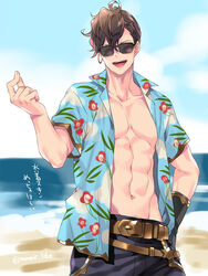  1boy abs alternate_costume beach belt brown_hair cloud day earrings granblue_fantasy hawaiian_shirt jewelry lobelia_(granblue_fantasy) male_focus mame_lde navel open_clothes open_mouth open_shirt outdoors shirt single_earring sky smile solo sunglasses toned toned_male 