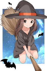  absurdres bat_(animal) black_dress black_hat border broom broom_riding brown_eyes brown_hair closed_mouth cloud commentary crescent_moon dress female flying hat highres ito_kashiwamochi karakai_jouzu_no_takagi-san long_hair long_hoodie looking_at_viewer moon night night_sky outside_border short_dress short_sleeves sky smile solo star_(sky) starry_moon starry_sky takagi-san white_border witch witch_hat 