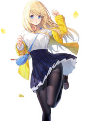  :o arm_up bag black_pantyhose blonde_hair blue_eyes blue_skirt blush breasts brown_footwear commentary_request female floating_hair ginkgo_leaf hair_between_eyes highres jacket leaf loafers long_hair long_sleeves looking_at_viewer medium_breasts off_shoulder open_clothes open_jacket original pantyhose parted_lips pleated_skirt ririko_(zhuoyandesailaer) saegusa_futaba shirt shoes shoulder_bag simple_background skirt solo standing standing_on_one_leg thick_eyebrows thighband_pantyhose very_long_hair white_background white_shirt yellow_jacket 