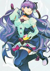  absurdres animal_ears anklet big_hair boots cat_ears choker cure_macaron dress earrings elbow_gloves female foot_out_of_frame gloves hand_up high_heel_boots high_heels highres jewelry kirakira_precure_a_la_mode kobayashi_hisanori kotozume_yukari leg_up long_hair looking_at_viewer precure protected_link puffy_short_sleeves puffy_sleeves purple_tail short_sleeves smile solo thigh_boots thighhighs very_long_hair white_gloves zettai_ryouiki 