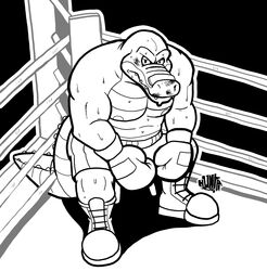  2021 alligator alligatorid anthro blood bodily_fluids bottomwear boxing_gloves boxing_shorts brok_(brok_the_investigator) brok_the_investigator clothing cowcat_games crocodilian fighting_ring handwear hi_res hunter-husky male monochrome musclegut muscular nipples reptile scalie shorts sitting solo 