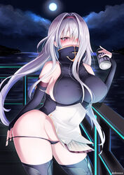  absurdres artist_name azur_lane bare_shoulders beer_can blush breasts bridal_gauntlets can cloud cloudy_sky colorado_(azur_lane) covered_mouth covered_nipples dress drink_can elbow_gloves female full-face_blush full_moon gloves hair_over_one_eye hairband high_collar highres holding holding_can large_breasts lighthouse monneko moon night night_sky outdoors panties pelvic_curtain purple_thighhighs red_eyes red_hairband sideboob sky sleeveless sleeveless_dress solo standing string_panties string_pull thighhighs thighs underwear water white_hair wide_hips 