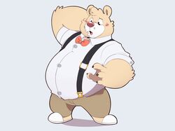  2020 absurd_res american_black_bear anthro bear belly bennycartoonist black_bear blush bottomwear bow_tie breeze_in_the_clouds clothing hi_res kermode_bear male mammal overweight overweight_anthro overweight_male pants pile_(breeze_in_the_clouds) shirt simple_background solo suspenders topwear ursine 