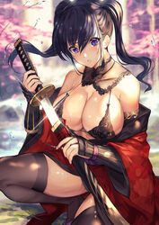  black_bow black_bra black_hair black_panties black_thighhighs blurry blurry_background bow bra breasts cherry_blossoms cleavage covered_nipples detached_collar female glint highres holding holding_sheath holding_sword holding_weapon japanese_clothes katana large_breasts looking_at_viewer matsumoto_mitsuaki original outdoors panties parted_lips purple_eyes sheath shiny_skin solo squatting sword thighhighs thighs twintails underwear unsheathing weapon 