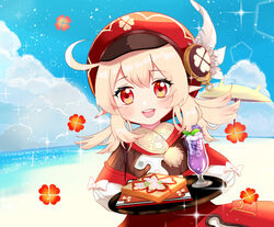  :d ahoge arina_sei beach blue_sky bread bread_slice brown_scarf cabbie_hat carrying cloud cloudy_sky clover_print coat commentary cup day drink drinking_glass female fish-flavored_toast_(genshin_impact) food genshin_impact hair_between_eyes hat hat_feather hat_ornament horizon ice ice_cube klee_(genshin_impact) light_brown_hair long_hair long_sleeves looking_at_viewer low_twintails open_mouth orange_eyes outdoors plate pocket pointy_ears red_coat red_hat scarf sidelocks sky smile solo sparkle toast tray twintails wine_glass wolfhook_juice_(genshin_impact) 