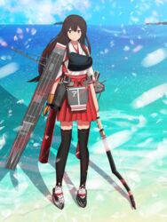  absurdres akagi_(kancolle) akagi_kai_ni_(kancolle) arrow_(projectile) bow_(weapon) brown_eyes brown_hair commission day female flight_deck full_body gaiters gloves hakama hakama_short_skirt hakama_skirt highres holding holding_bow_(weapon) holding_weapon hull_shoes island japanese_clothes kantai_collection long_hair machinery muneate ocean outdoors partially_fingerless_gloves pixiv_commission quiver red_hakama roko_roko_(doradorazz) skirt solo standing standing_on_liquid straight_hair tasuki thighhigh_gaiters thighhighs weapon yugake yumi_(bow) 