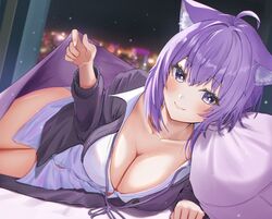  absurdres ahoge animal_ear_fluff animal_ears black_cardigan blush breasts cardigan cat_ears cat_girl cat_tail cleavage closed_mouth dress_shirt female hair_between_eyes highres hololive large_breasts long_sleeves looking_at_viewer lying nekomata_okayu nekomata_okayu_(oversized_shirt) official_alternate_costume on_side open_cardigan open_clothes purple_eyes purple_hair shirt short_hair smile solo tail torakichi_888 virtual_youtuber white_shirt 