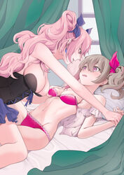  2girls absurdres areola_slip bed blush bra breasts brown_hair commentary commission commissioner_upload english_commentary eye_contact grabbing grabbing_another&#039;s_breast highres jin_amber koinu_emiko large_breasts looking_at_another md5_mismatch multiple_girls navel open_mouth original panties pink_eyes resolution_mismatch scarlet_destiny source_larger tearing_up tied_hair unbuttoned unbuttoned_shirt underwear yuri 