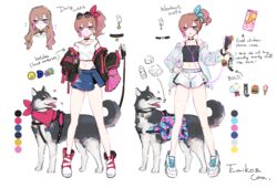  bag brown_hair canine cellphone choker commission commissioner_upload eyewear_on_head female handbag highres husky jacket koinu_emiko midriff multiple_views naozi original phone pink_eyes reference_sheet shorts skirt spaghetti_strap sunglasses tied_hair 