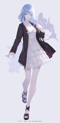  absurdres artist_name bag black_footwear black_jacket blue_eyes blue_hair breasts cleavage closed_mouth collarbone commentary dress erospanda female flower full_body grey_background hair_between_eyes hair_flower hair_ornament hand_up handbag high_heels highres jacket larkspur_(flower) layered_dress long_hair long_sleeves looking_at_viewer open_clothes open_jacket original pleated_dress sandals sleeves_past_wrists small_breasts smile solo standing standing_on_one_leg white_dress white_flower 