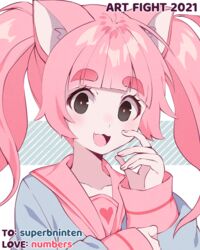  :d animal_ear_fluff animal_ears black_eyes blush cat_ears commentary diagonal_stripes female grey_shirt hands_up highres long_hair long_sleeves looking_at_viewer numbers_(pigpenandpaper) open_mouth original pink_hair pink_sailor_collar sailor_collar shirt short_eyebrows sleeves_past_wrists smile solo striped striped_background thick_eyebrows twintails upper_body 