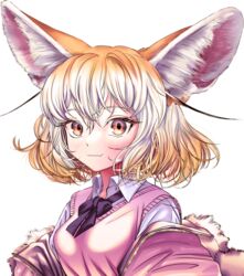  akegata_tobari animal_ear_fluff animal_ears black_bow blonde_hair blush bow breasts brown_eyes closed_mouth collared_shirt commentary_request fang_out female fennec_(kemono_friends) fox_ears gradient_hair hair_between_eyes highres jacket kemono_friends multicolored_hair oerba_yun_fang off_shoulder open_clothes open_jacket pink_jacket shirt simple_background small_breasts smile solo sweater_vest upper_body white_background white_hair white_shirt 