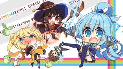  aqua_(konosuba) bandages black_hair blonde_hair blue_eyes blue_hair blush blush_stickers cape chibi commentary_request darkness_(konosuba) dress fingerless_gloves gloves hair_ornament hat hatachi heart kono_subarashii_sekai_ni_shukufuku_wo! long_hair megumin multiple_girls open_mouth ponytail red_eyes satou_kazuma short_hair thighhighs witch_hat x_hair_ornament 