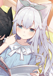  2girls animal_ears black_hair blue_dress blue_eyes cat_ears closed_mouth commentary_request dress grey_hairband grey_ribbon hair_between_eyes hair_ribbon hairband holding indoors multiple_girls open_magazine original pillow ribbon smile tokuno_yuika white_hair 