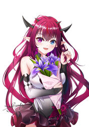  :d bare_shoulders blue_eyes bouquet breasts bridal_gauntlets commentary_request dress dress_flower female flower hair_between_eyes hand_up heterochromia highres holding holding_bouquet hololive hololive_english horns hugging_object iris_(flower) irys_(hololive) irys_(irys_1.0)_(hololive) long_hair looking_at_viewer medium_breasts multicolored_hair nail_polish name_connection object_namesake pointy_ears purple_eyes purple_flower purple_hair purple_nails red_flower red_hair simple_background skyrail sleeveless sleeveless_dress smile solo streaked_hair very_long_hair virtual_youtuber white_background white_dress 