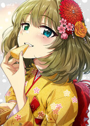  absurdres ayano_yuu_(sonma_1426) blue_eyes blush breasts brown_hair cheese eating female floral_print flower food green_eyes hair_flower hair_ornament heterochromia highres idolmaster idolmaster_cinderella_girls japanese_clothes kimono long_sleeves looking_at_viewer mole mole_under_eye new_year photoshop_(medium) sash short_hair small_breasts smile solo takagaki_kaede yellow_kimono 