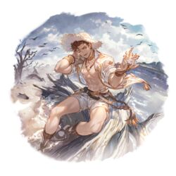  1boy abs bare_pectorals bird bracelet brown_hair choker cloud cloudy_sky conch curly_hair ear_piercing foot_out_of_frame gladiator_sandals granblue_fantasy hat jacket jewelry lobelia_(danger_beckons_by_the_shore)_(granblue_fantasy) lobelia_(granblue_fantasy) looking_at_viewer male_focus navel necklace official_alternate_costume official_art one_eye_closed open_clothes open_jacket pectorals piercing sandals seashell shell shorts sitting sky sleeves_rolled_up smile solo straw_hat transparent_background tree water white_shorts 