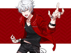  1boy argonavis_from_bang_dream! asahi_nayuta bang_dream! black_pants black_shirt bracelet hair_flaps jacket jewelry leather leather_jacket male_focus mugi_(iccomae) necklace open_mouth pants red_background red_eyes red_jacket ring shirt solo torn_clothes white_hair 