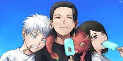  2boys aged_down black_eyes black_hair black_shirt blue_background blue_eyes closed_mouth commentary ddub1618 dragon ear_piercing eastern_dragon female food getou_suguru gojou_satoru hair_pulled_back holding holding_food ieiri_shoko jujutsu_kaisen looking_away multiple_boys piercing popsicle popsicle_stick portrait shirt short_hair smile swept_bangs symbol-only_commentary teeth upper_teeth_only white_hair white_shirt 