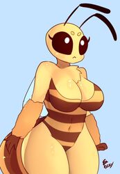  1girls 5_fingers antennae anthro anthro_only anthrofied arthropod arthropod_abdomen arthropod_humanoid bare_shoulders bee bee_(minecraft) bee_girl bee_humanoid big_breasts big_eyes black_eyes black_sclera blue_background breasts chest_tuft cleavage clothed clothes clothing covered_navel cute eyebrows eyelashes female female_only fully_clothed hips hourglass_figure humanoid insect_girl insect_humanoid insect_wings insects large_breasts miiyauwu minecraft mojang rizkitsuneki simple_background solo solo_female swimsuit text thick thick_thighs thighs tuft video_games watermark white_pupils wide_hips wings yellow_body yellow_skin 