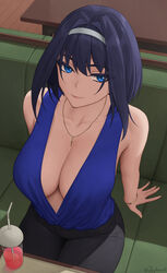  1girls 2022 artist_signature blue_eyes blue_hair breasts casual_clothes cleavage clothed clothed_female female female_only hips hololive hololive_english hololive_english_-council- hololive_english_-promise- huge_breasts indoors looking_at_viewer ouro_kronii short_hair slim_waist smile virtual_youtuber wide_hips zaphn 