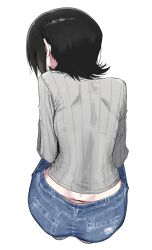  absurdres ass black_hair bra_visible_through_clothes cropped_legs denim facing_away female from_behind highres jeans long_sleeves original pants ribbed_shirt ribbed_sweater see-through_clothes shirt solo sweater syhan underwear white_background 
