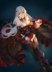  absurdres bare_shoulders bat_hair_ornament black_bow black_collar black_dress black_pantyhose bow breasts cleavage closed_mouth collar detached_sleeves dress earrings female from_above hair_between_eyes hair_ornament hairbow highres holding honkai_(series) honkai_impact_3rd jewelry large_breasts long_hair looking_at_viewer pantyhose red_eyes red_skirt single_leg_pantyhose single_thighhigh sitting skirt solo theresa_apocalypse theresa_apocalypse_(luna_kindred) theresa_apocalypse_(lunar_vow:_crimson_love) thighhighs thighs torn_clothes torn_thighhighs very_long_hair white_hair yichuanxue 