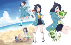  absurdres beach black_hair black_shorts closed_mouth commentary_request cowlick female hair_ornament hairclip happy highres holding holding_pokemon hood hood_down hooded_jacket jacket liko_(pokemon) marutimou multiple_views open_clothes open_jacket pokemon pokemon_(anime) pokemon_(creature) pokemon_horizons sand sand_sculpture shirt shoe_soles shoes shore shorts smile socks sprigatito swept_bangs swimsuit terapagos water white_shirt white_socks yellow_bag 