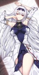  absurdres arm_up bare_shoulders bed_sheet blue_dress breasts ceridwen commission detached_sleeves dress female hair_ornament highres long_hair looking_at_viewer lying medium_breasts o-ring on_back on_bed red_eyes shadowverse skeb_commission sleeveless sleeveless_dress solo swept_bangs teeth white_hair yamato_(muchuu_paradigm) 
