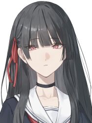  black_choker black_hair black_shirt chisa_(wuthering_waves) choker closed_mouth collarbone commentary female hair_ribbon highres long_hair looking_at_viewer negse_38u portrait red_eyes red_ribbon ribbon sailor_collar shirt simple_background solo white_background white_sailor_collar wuthering_waves 