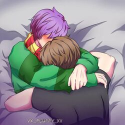  blush brown_hair buff elestialhd gay hugging in_bed kevinlivestrong kissing minecraft_youtubers purple_hair scarf simple_background sweater vx-fluffy-xv wholesome yaoi ytmci 