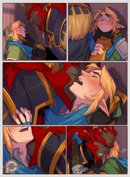  2boys big_dom_small_sub blush choking comic comic_page comic_panel couple ganondorf gay gay_domination gerudo hickey holding_head hyrule_warriors interracial kukumomo licking link looking_pleasured male male/male male_only neck_bite nintendo open_mouth size_difference the_legend_of_zelda yaoi 