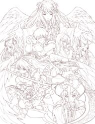  1boy 6+girls :o \||/ absurdres aigis_(sennen_sensou_aigis) aix_(sennen_sensou_aigis) angel_wings anna_(sennen_sensou_aigis) anniversary annotated ariel_(sennen_sensou_aigis) armor armpits asa_(xametaler) blunt_bangs blush boots bow bowtie breasts camilla_(sennen_sensou_aigis) cleavage closed_eyes commentary detached_collar dot_nose dress eleonora_(sennen_sensou_aigis) eterna_(sennen_sensou_aigis) feathered_wings floating_hair frilled_dress frills garter_straps gloves greyscale hair_ornament hair_over_eyes hairband hand_on_own_chest hands_on_hilt hat headdress highres holding holding_scythe holding_staff iiris_(sennen_sensou_aigis) large_breasts long_hair long_sleeves looking_at_viewer looking_down monochrome multiple_girls outstretched_arms outstretched_hand own_hands_clasped own_hands_together parted_lips pauldrons prince_(sennen_sensou_aigis) profile puffy_short_sleeves puffy_sleeves scythe sennen_sensou_aigis short_sleeves shoulder_armor sideboob sidelocks spiked_gloves spread_fingers staff thighhighs twintails unfinished v-shaped_eyebrows very_long_hair waist_cape wide_sleeves wings 