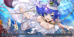  bare_shoulders black_choker blue_eyes blue_hair breasts canata_katana chains choker cleavage collarbone copyright_notice coral_reef dress earth_(ornament) female fish gold_chain hecatia_lapislazuli hecatia_lapislazuli_(earth) hecatia_lapislazuli_(tropical_goddess) large_breasts medium_hair official_art solo swimming touhou touhou_lostword underwater white_dress white_headwear 