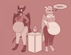  anthro big_breasts breasts bumpywish clothed clothing colored dialogue dragon duo english_text female fertility_idol hi_res horn mythological_creature mythological_scalie mythology pillar pregnant rapid_pregnancy red_body scalie speech_bubble standing surprised_expression tail text thick_thighs upset wings 