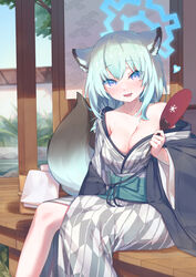  aeon_ion animal_ears bath_yukata blue_archive blush breasts cleavage collarbone commentary drooling female grey_kimono hair_between_eyes halo hand_fan heart highres japanese_clothes kimono looking_at_viewer medium_breasts mouth_drool off_shoulder official_alternate_costume open_mouth purple_eyes saliva shigure_(blue_archive) shigure_(hot_spring)_(blue_archive) sitting smile solo weasel_ears yukata 