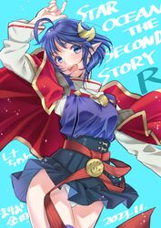  absurdres ahoge blue_eyes blue_hair breasts cape crescent crescent_hair_ornament female hair_ornament highres looking_at_viewer mario_kaneda open_mouth panties pointy_ears red_cape rena_lanford short_hair skirt smile solo star_ocean star_ocean_the_second_story underwear white_panties 