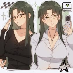  absurdres black_shirt breasts cellphone choker cleavage collared_shirt ensemble_stars! female flip_phone genderswap_(mtf) glasses green_hair hasumi_keito heart highres holding holding_phone jewelry long_hair long_sleeves lummy_yummy necklace phone pixel_heart rule_63 shirt solo sparkle speech_bubble white_background white_shirt yellow_eyes 