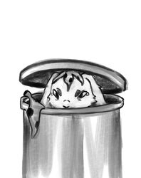  alien ambiguous_gender banana_peel demon_deity feral hiding inside_trash_can mammal monochrome simple_background sivkit_(the_nature_of_predators) solo the_nature_of_predators trash_can white_background 