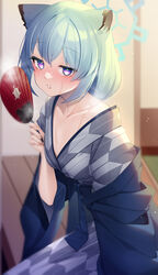  absurdres animal_ears aqua_hair blue_archive blurry blurry_background blush collarbone commentary_request depth_of_field double-parted_bangs female grey_kimono hair_between_eyes hand_fan haori highres holding holding_fan indoors japanese_clothes kimono light_particles looking_at_viewer nose_blush obi off_shoulder official_alternate_costume official_alternate_hairstyle open_mouth paper_fan purple_eyes sash seele0907 shigure_(blue_archive) shigure_(hot_spring)_(blue_archive) short_hair solo steaming_body uchiwa weasel_ears weasel_girl wooden_floor 