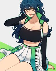  absurdres aoba_tsumugi belt black_shirt blue_hair blush breasts cleavage crop_top dress ensemble_stars! female genderswap_(mtf) green_belt green_eyes green_headwear grey_background headphones headset highres long_hair looking_at_viewer lummy_yummy rule_63 shirt sitting solo white_dress 