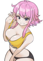  absurdres ahoge blue_eyes breasts cleavage collarbone commentary female freckles ginny_(one_piece) happy highres jaguarsee large_breasts looking_at_viewer md5_mismatch navel one_piece pink_hair shirt short_hair short_hair_with_long_locks simple_background smile solo standing white_background yellow_shirt 